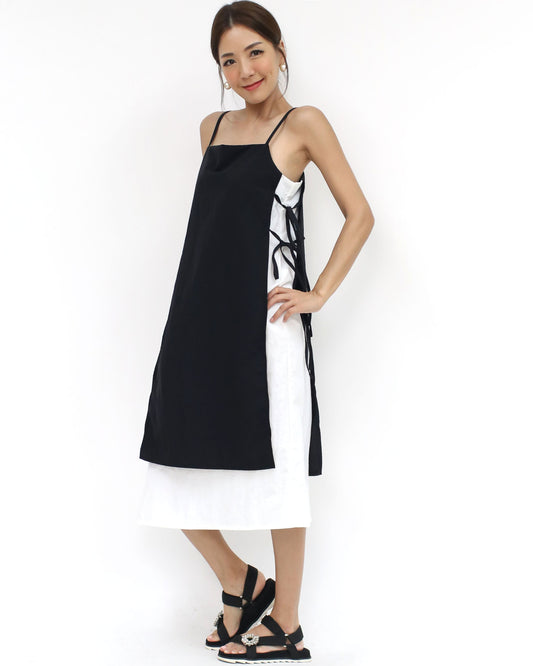 black & ivory texture tie-up sides strappy dress