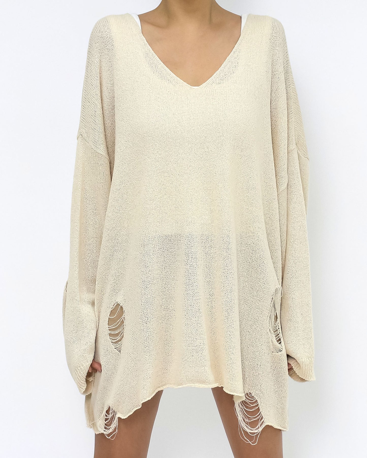 beige ripped fine knitted top