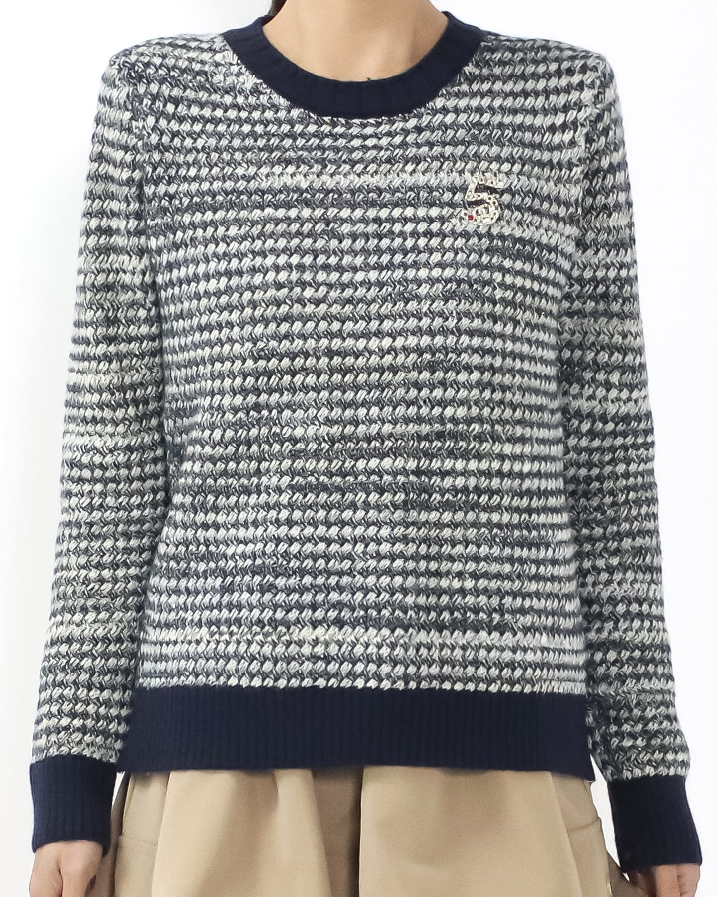 navy trim w/ ivory boucle knitted top with brooch *pre-order*