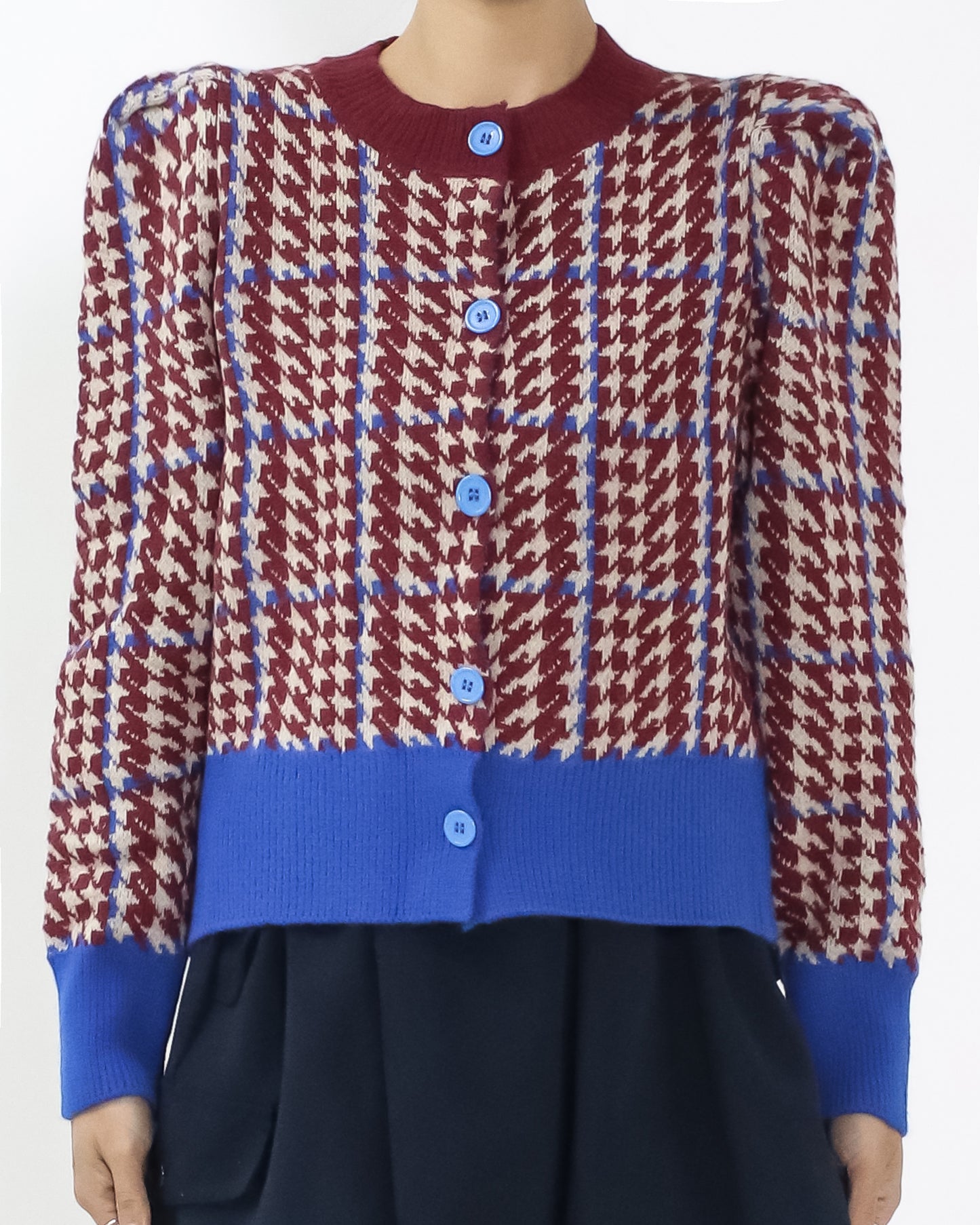 burgundy & ivory checkers w/ blue trim knitted cardigan
