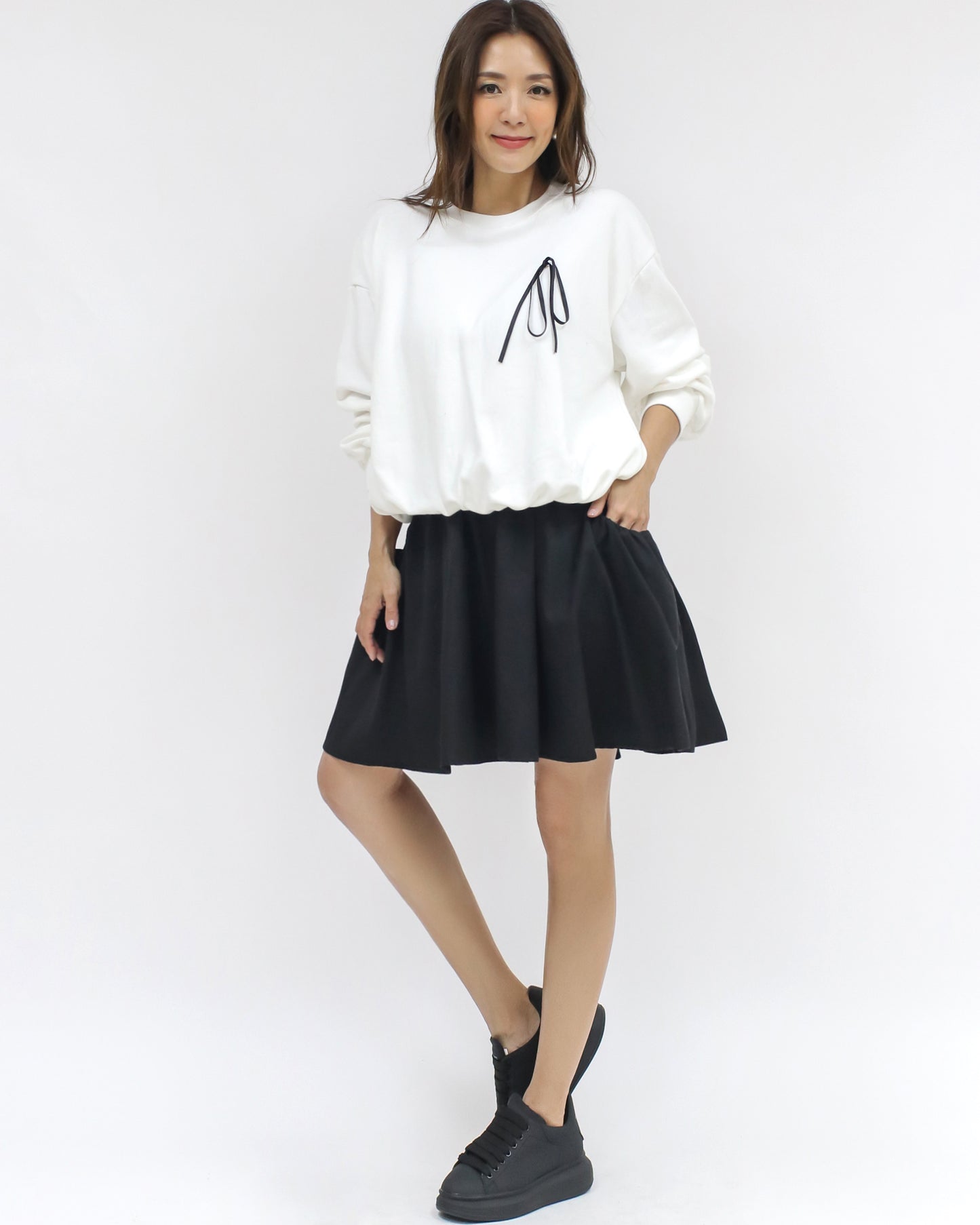 ivory bow front fold hem sweatshirt