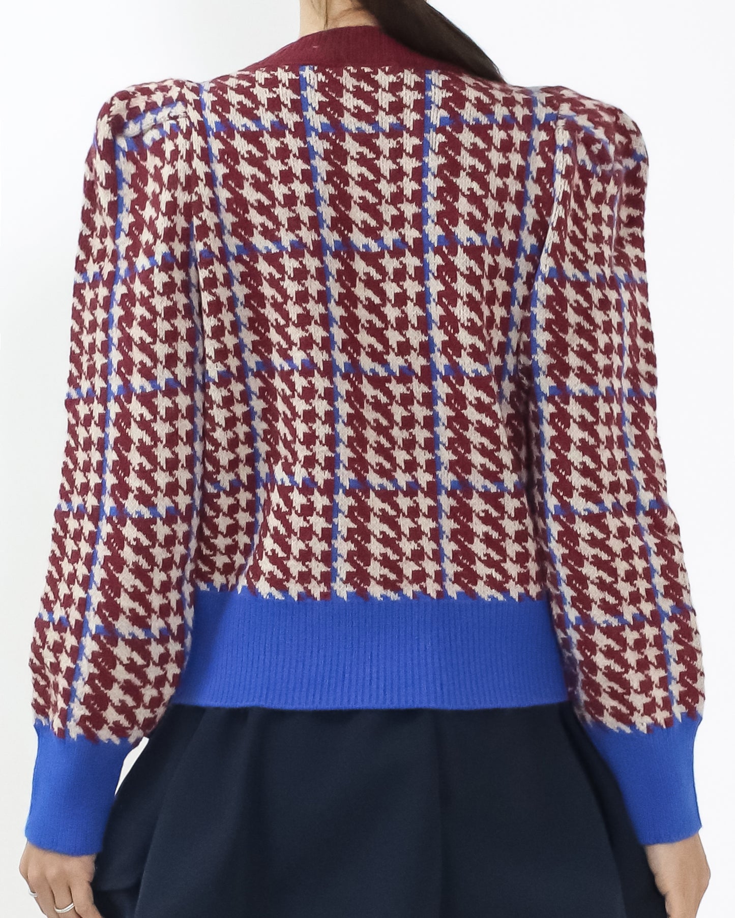 burgundy & ivory checkers w/ blue trim knitted cardigan
