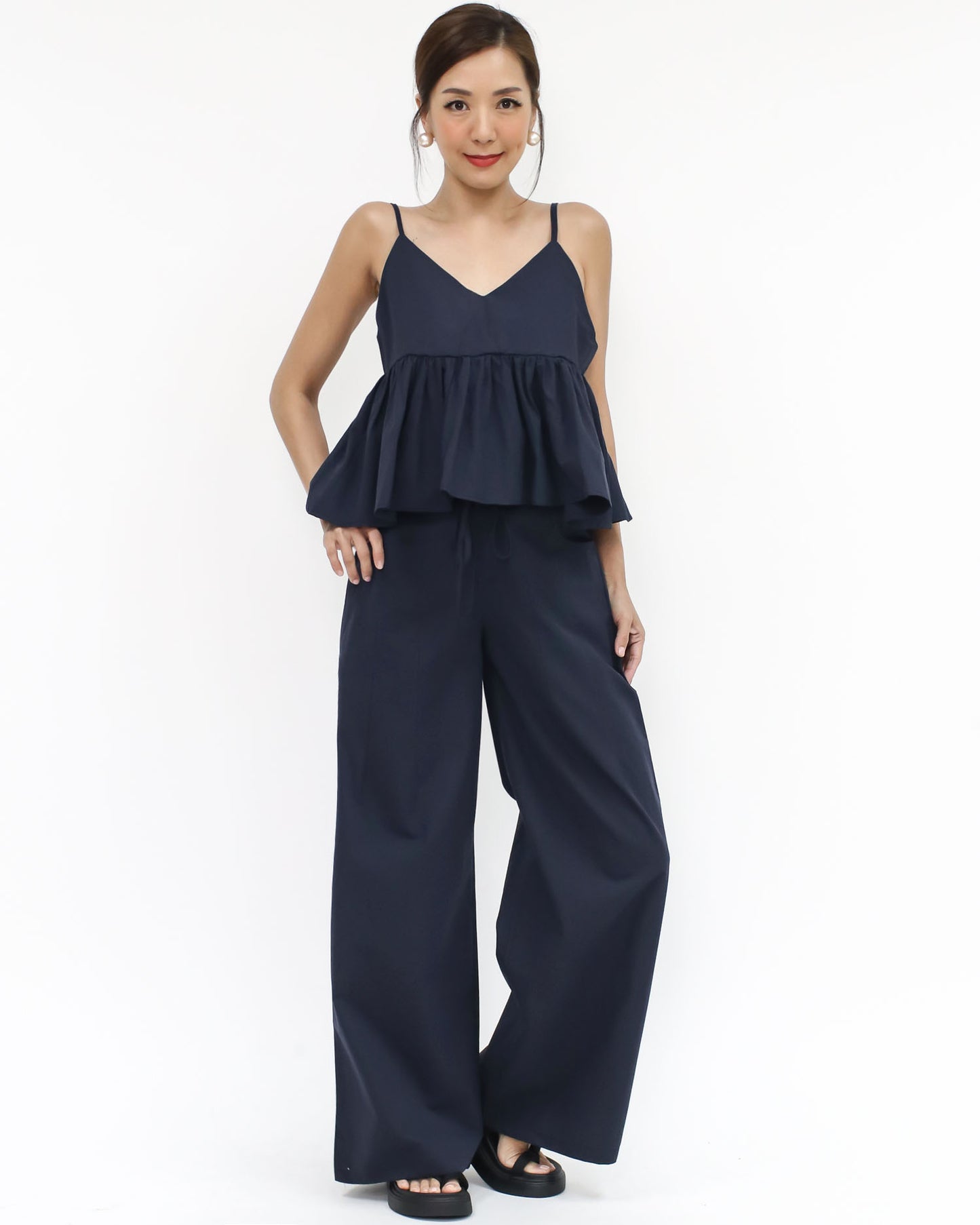 navy flare slip vest & straight pants set *pre-order*