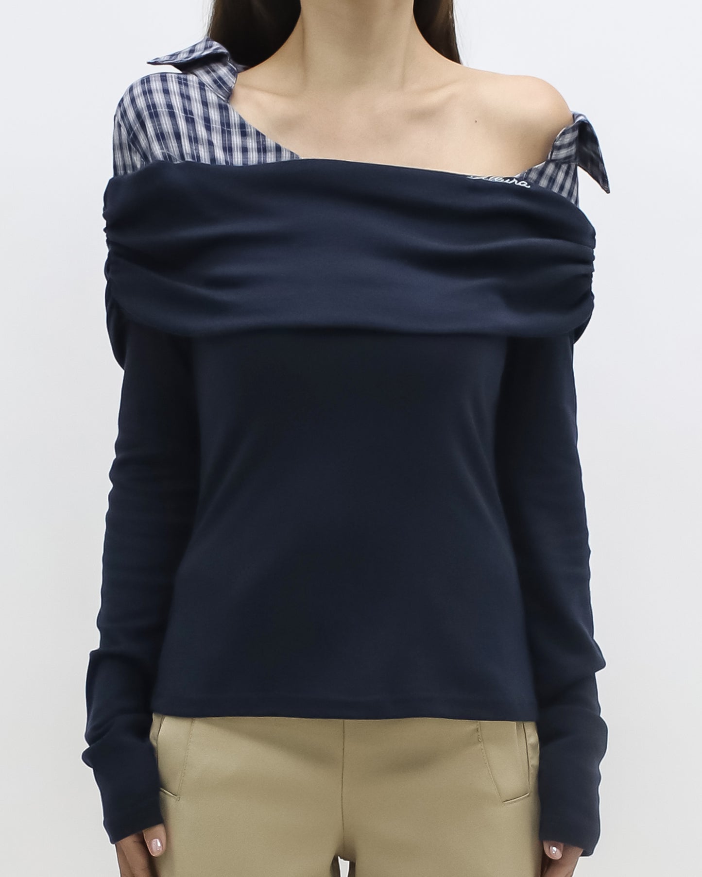 navy w/ checkers shirt collar contrast top
