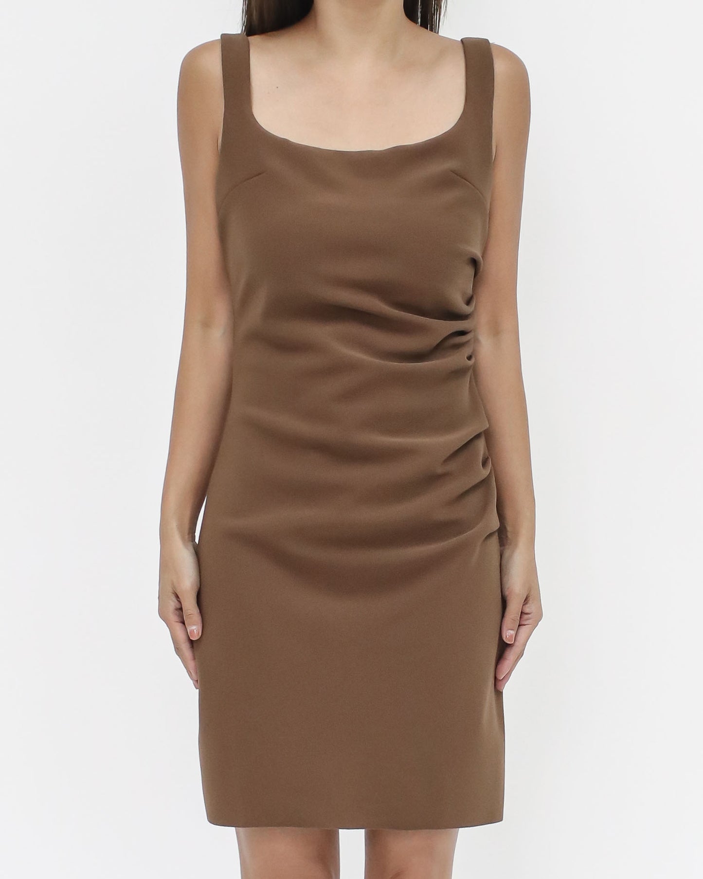 brown ruched side crepe basic vest dress *pre-order*