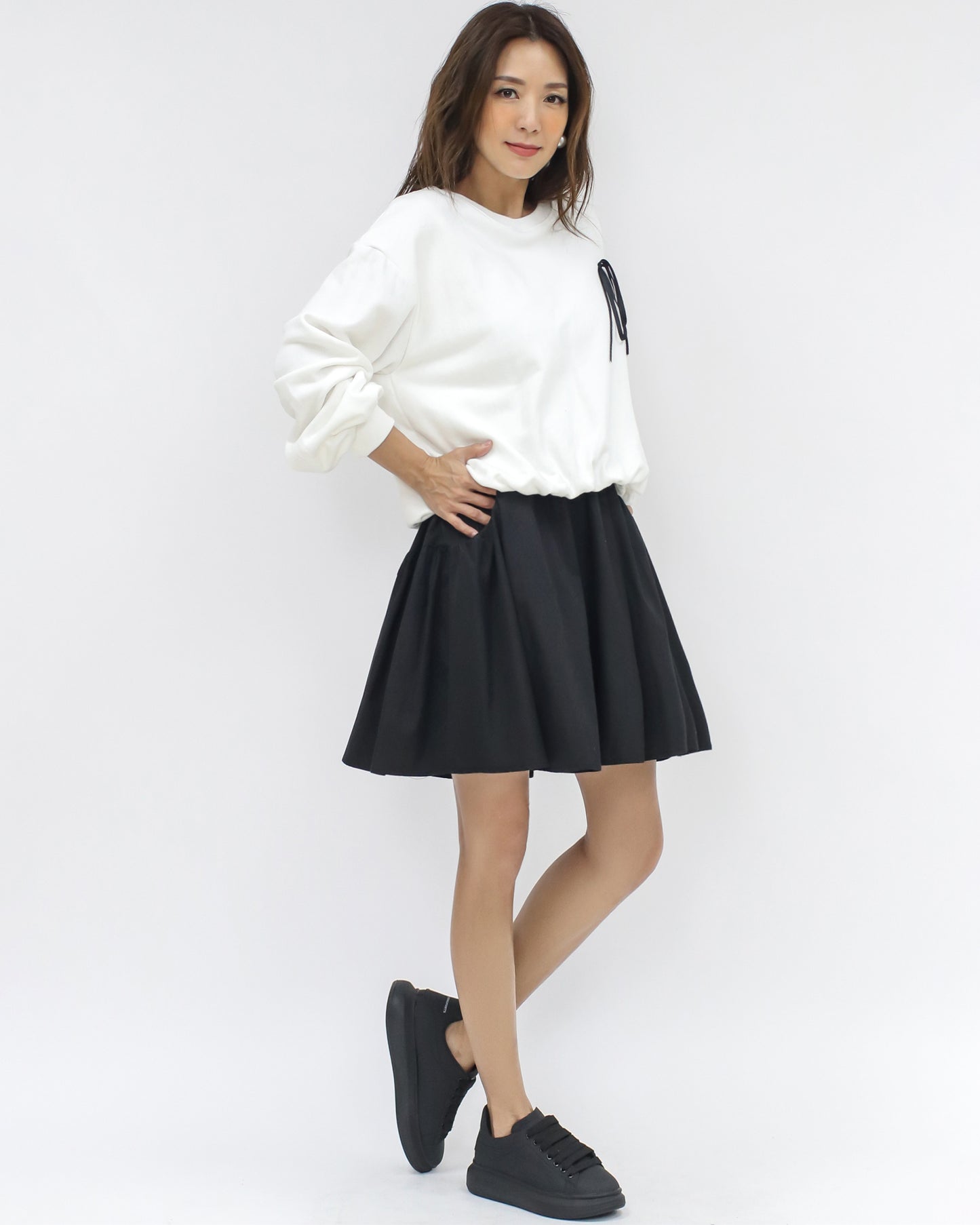 ivory bow front fold hem sweatshirt