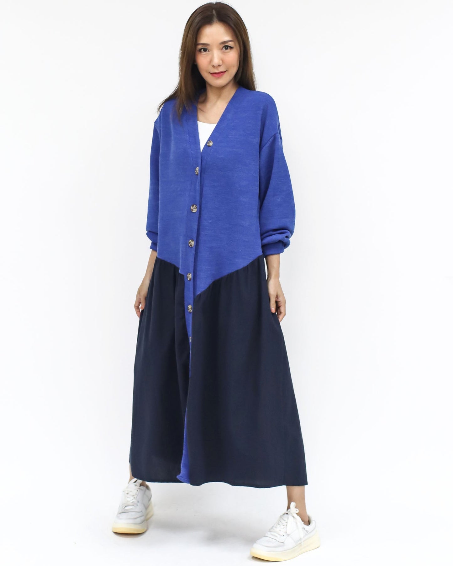 blue knitted & navy shirt contrast longline cardigan *pre-order*