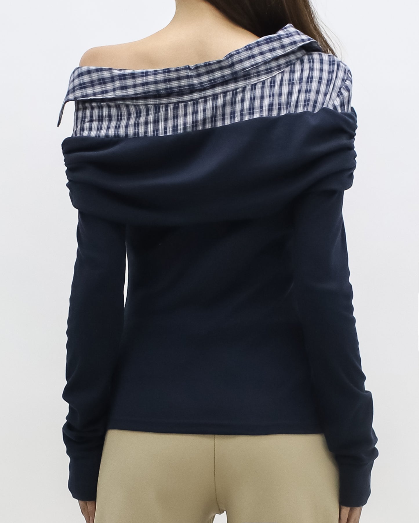navy w/ checkers shirt collar contrast top