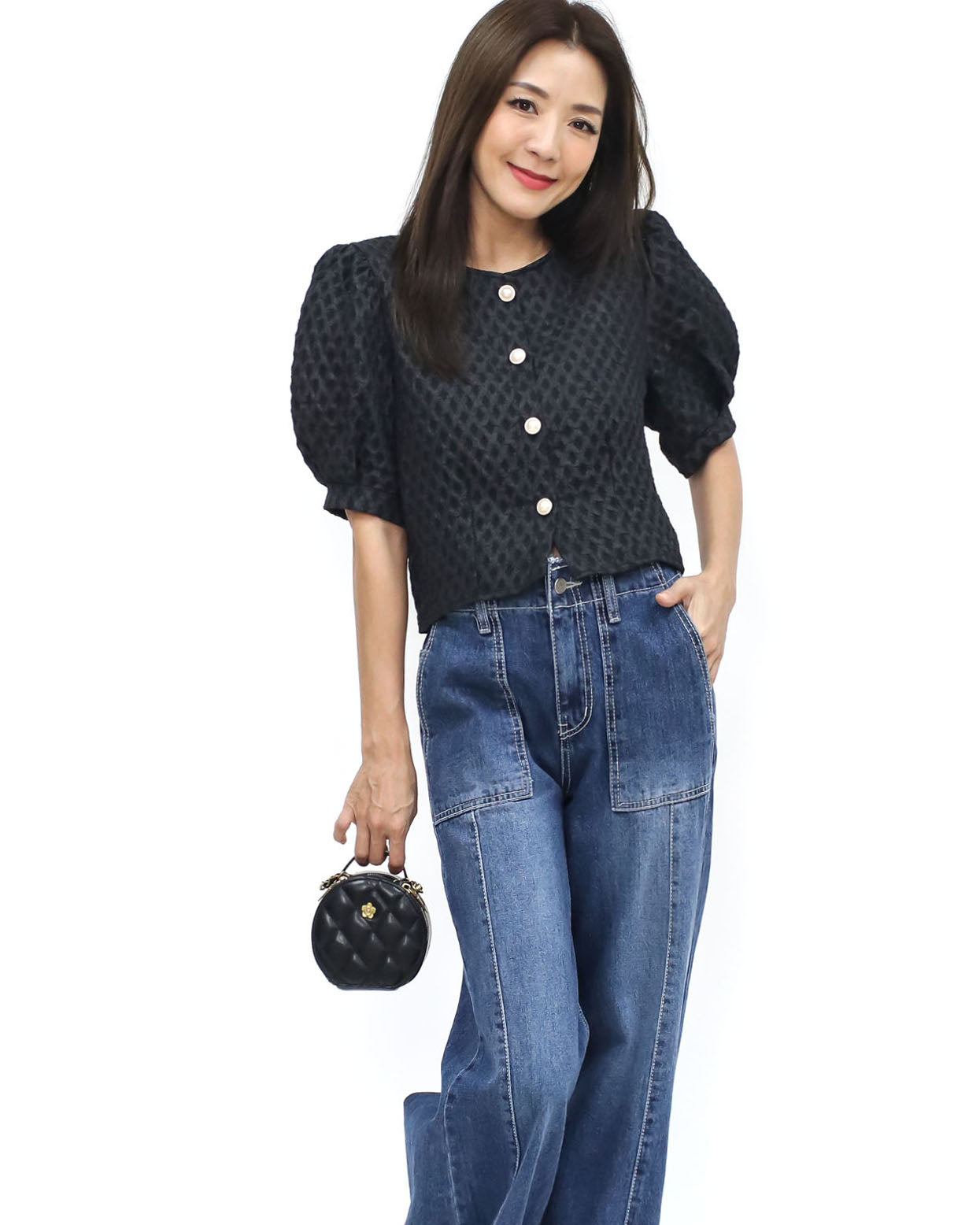 black texture puff sleeve top *pre-order*