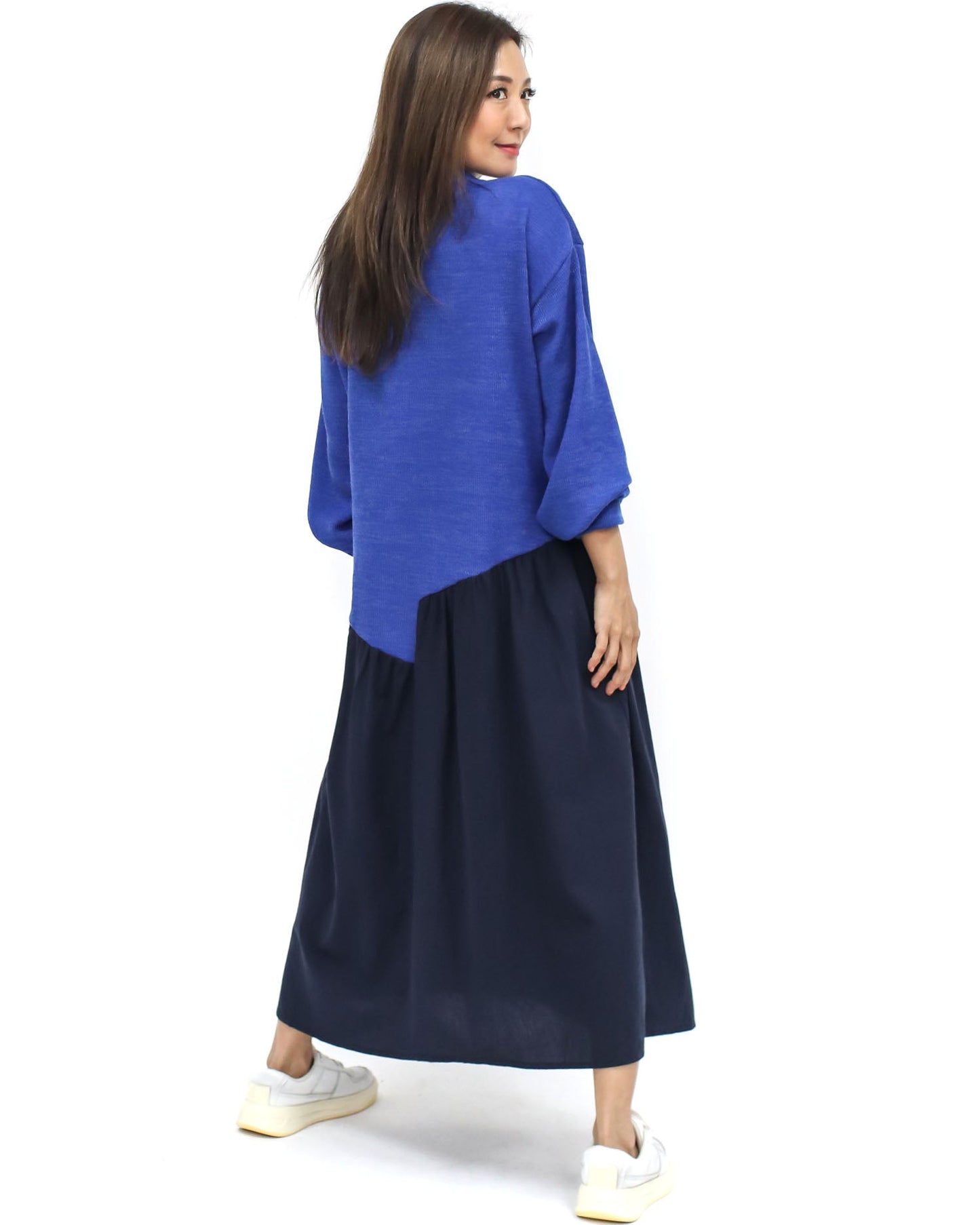 blue knitted & navy shirt contrast longline cardigan *pre-order*