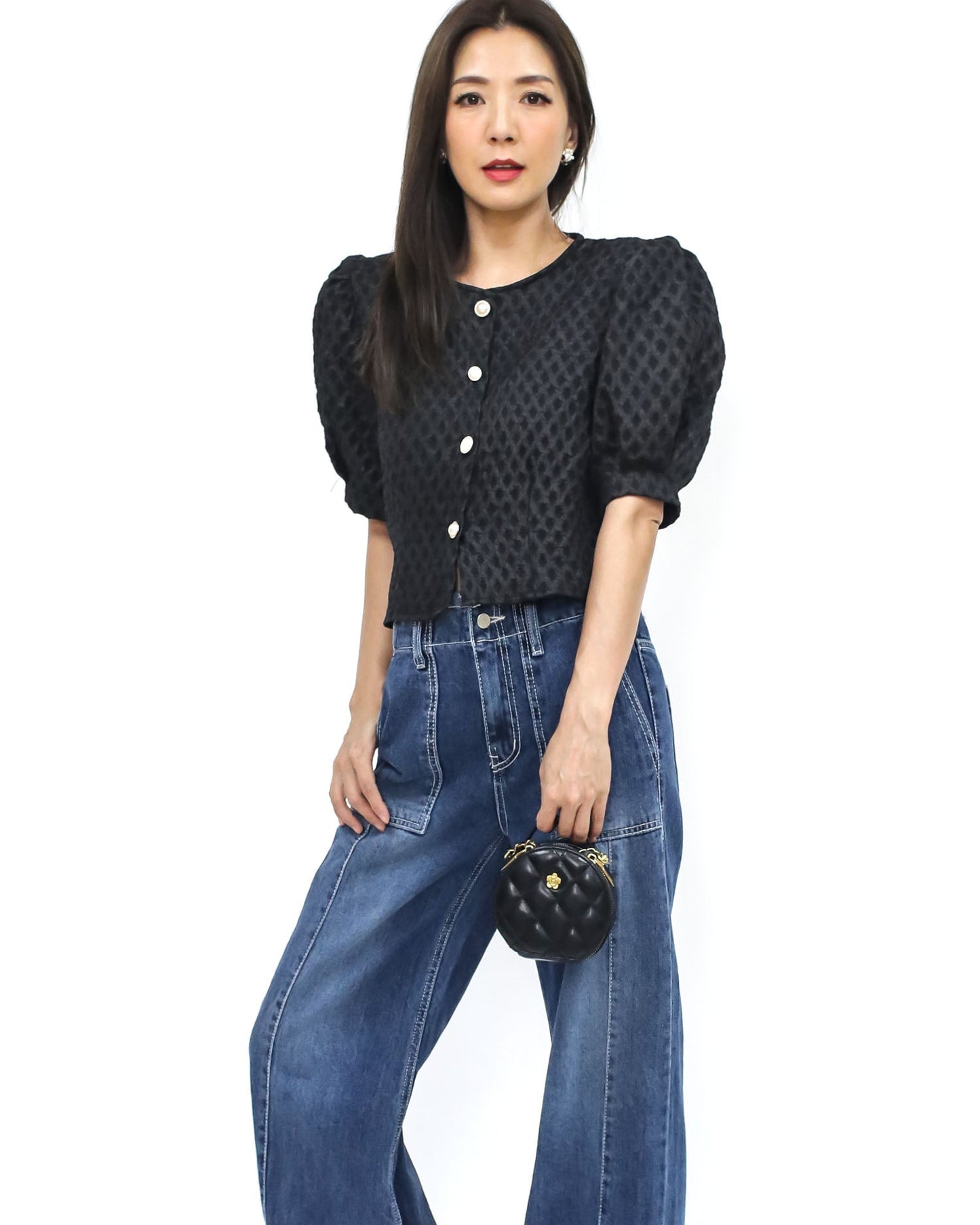 black texture puff sleeve top *pre-order*