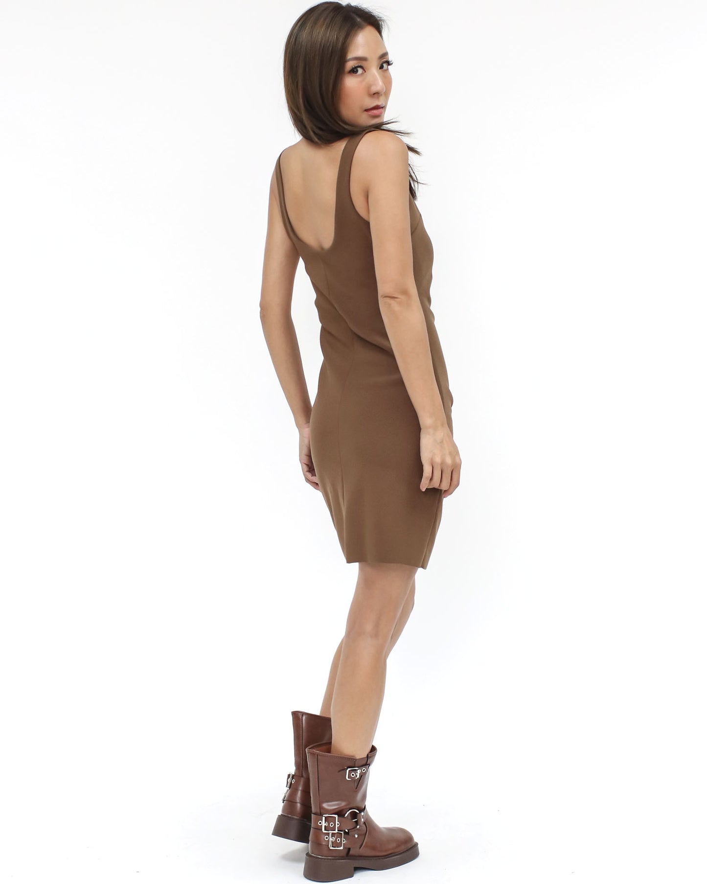 brown ruched side crepe basic vest dress *pre-order*