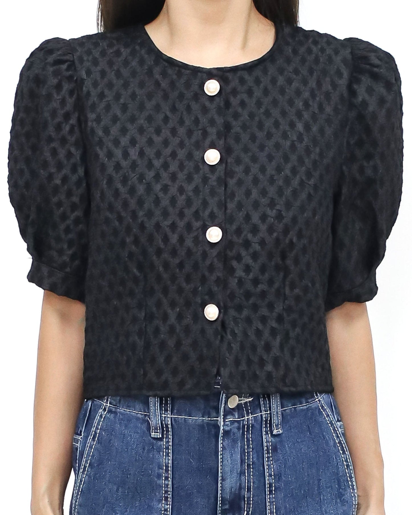 black texture puff sleeve top *pre-order*