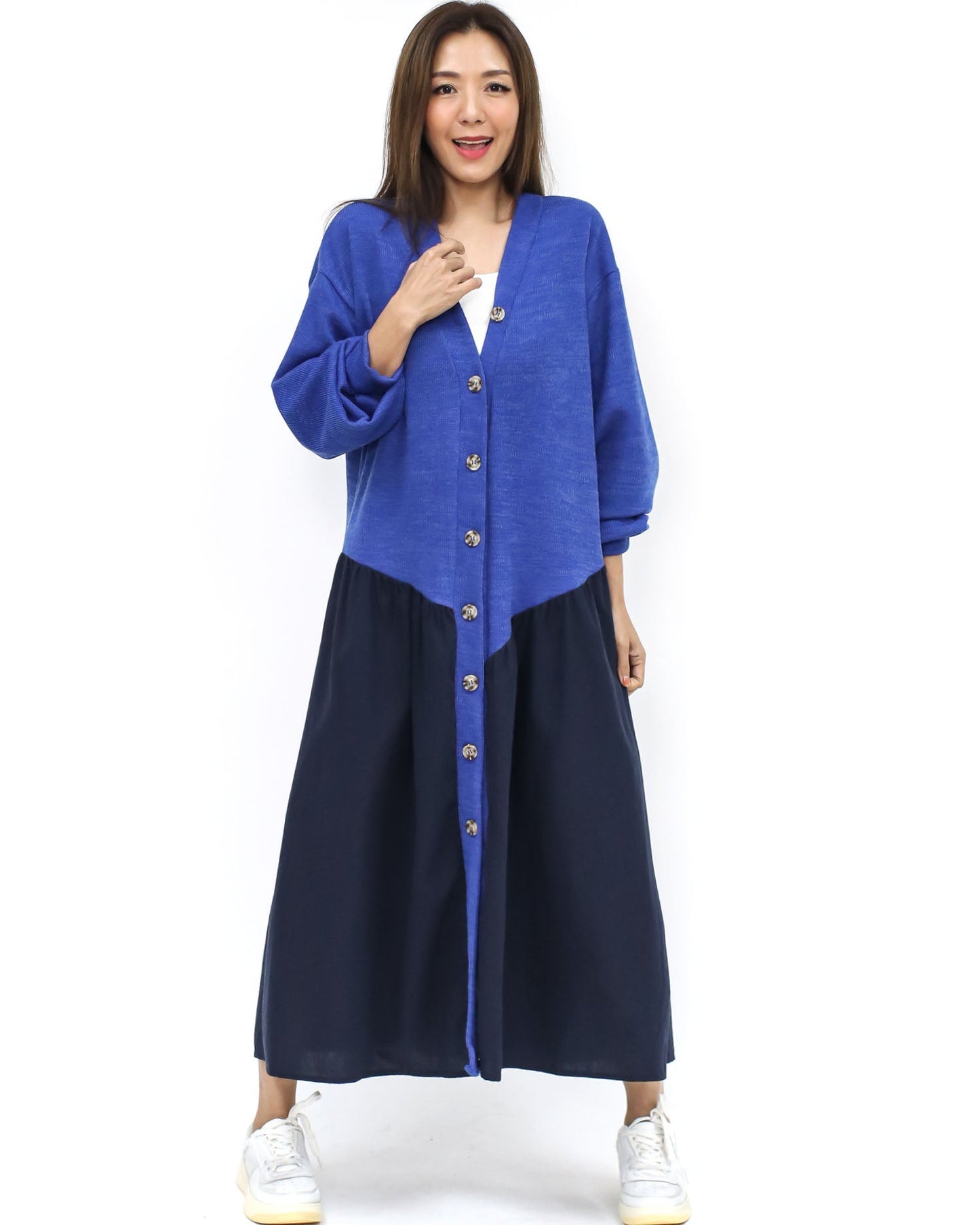 blue knitted & navy shirt contrast longline cardigan *pre-order*