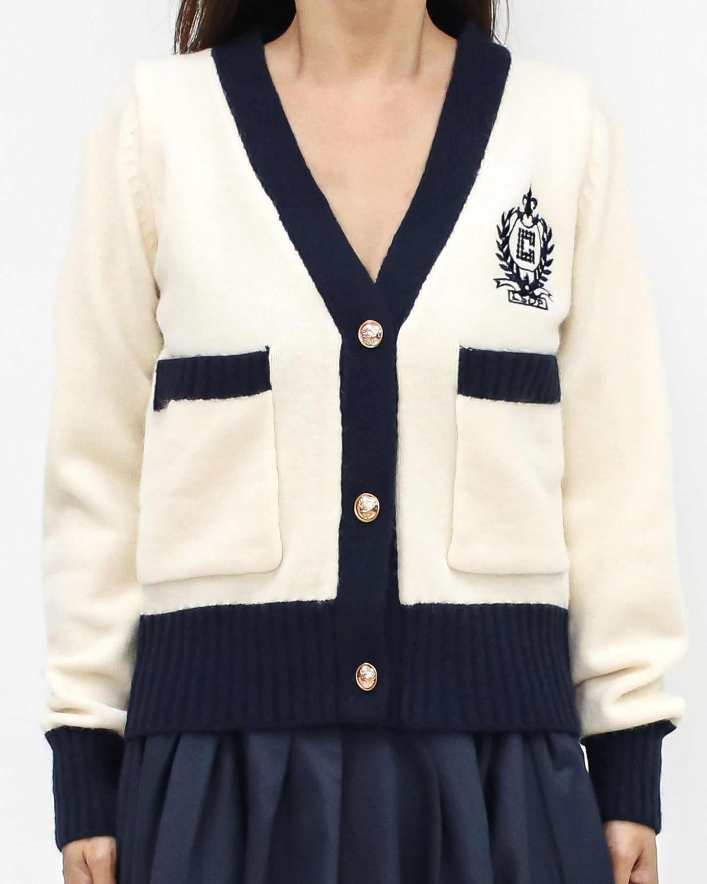 ivory & navy badge knitted cardigan *pre-order*