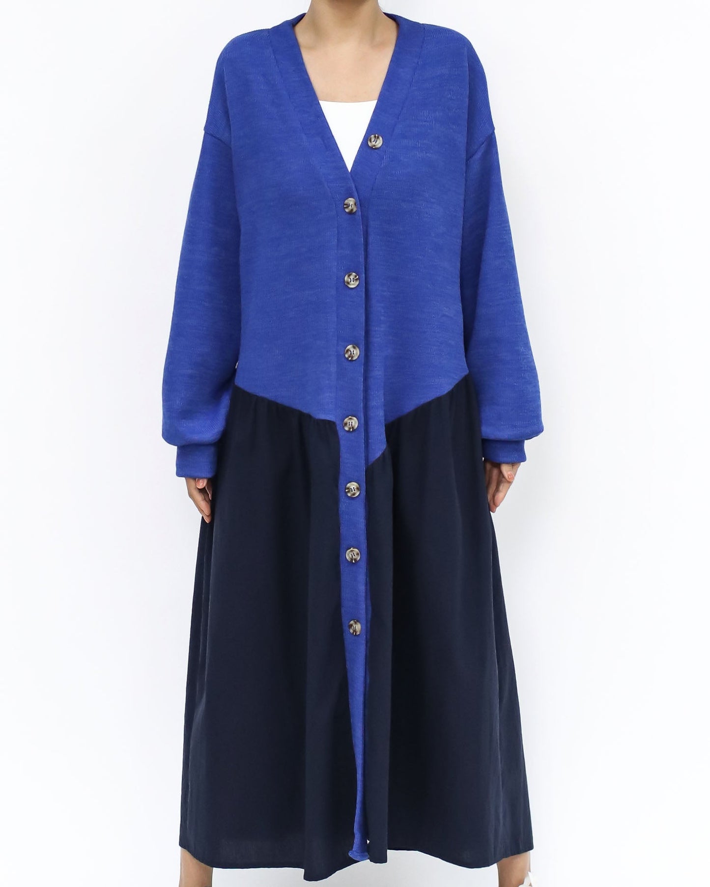 blue knitted & navy shirt contrast longline cardigan *pre-order*