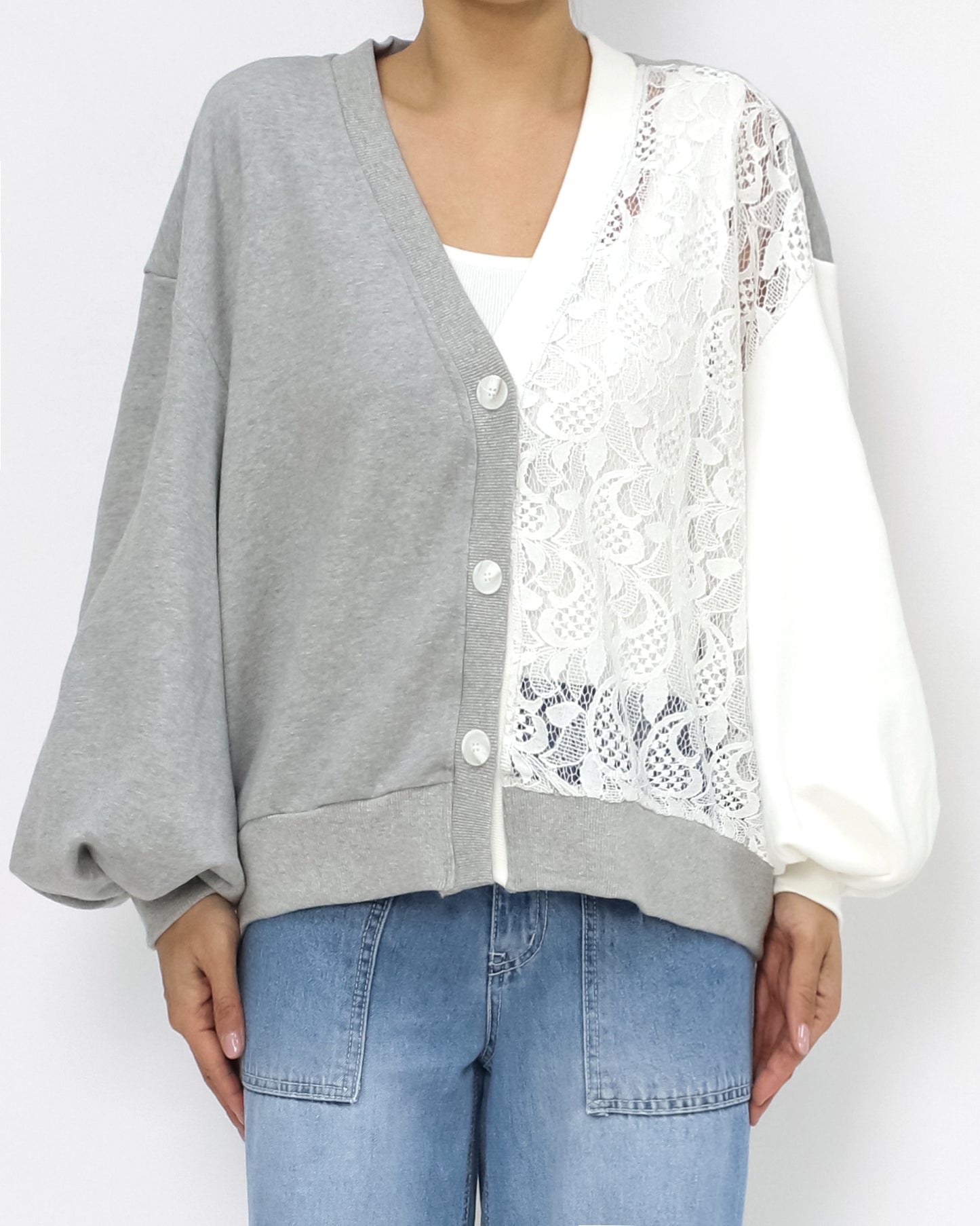 grey sweat & ivory crochet contrast cardigan *pre-order*