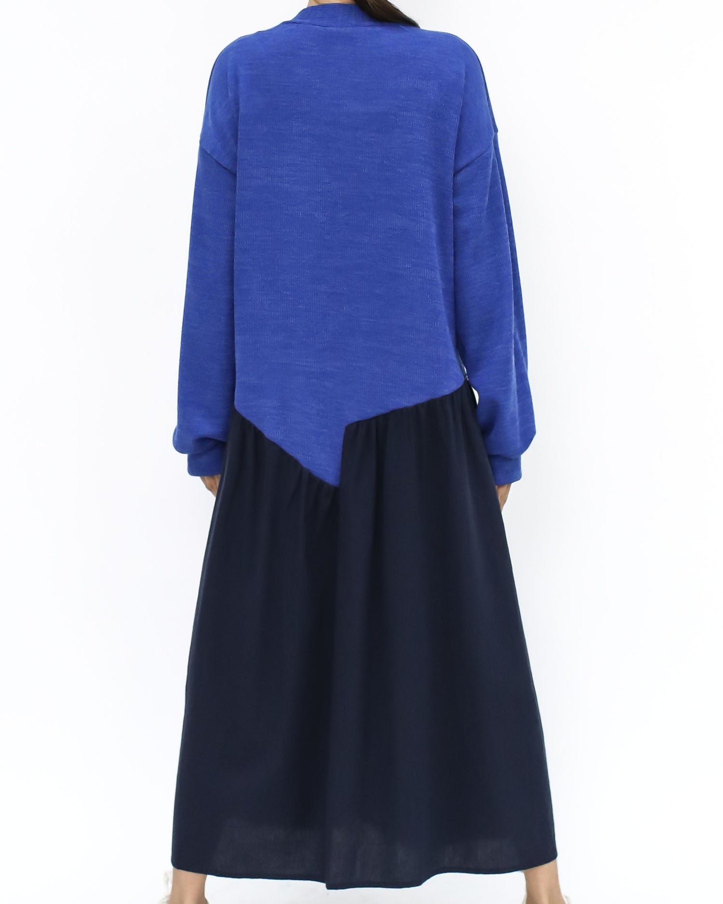 blue knitted & navy shirt contrast longline cardigan *pre-order*