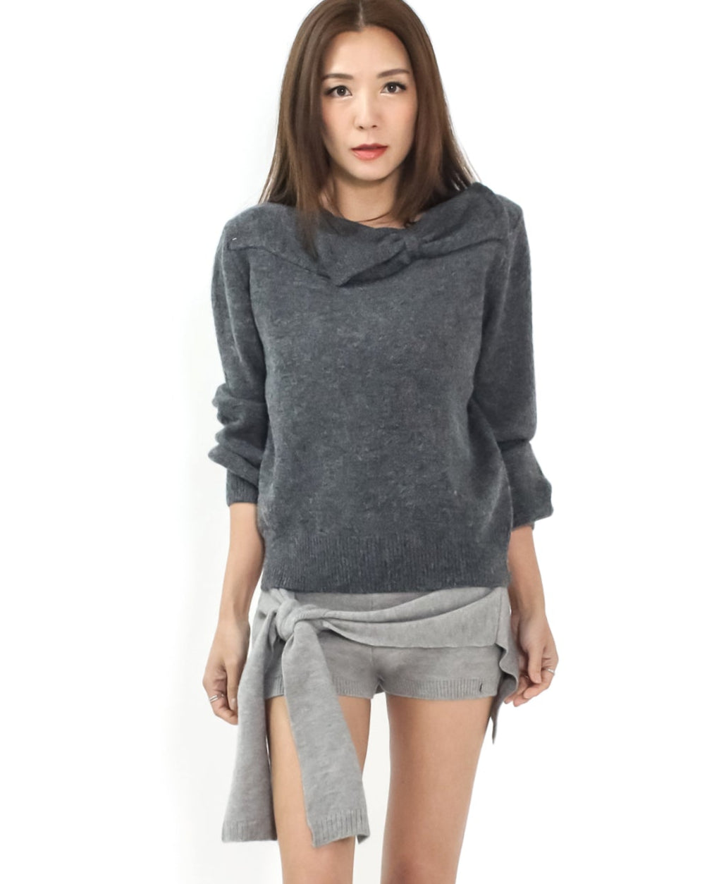 grey bow knitted off shoulder top