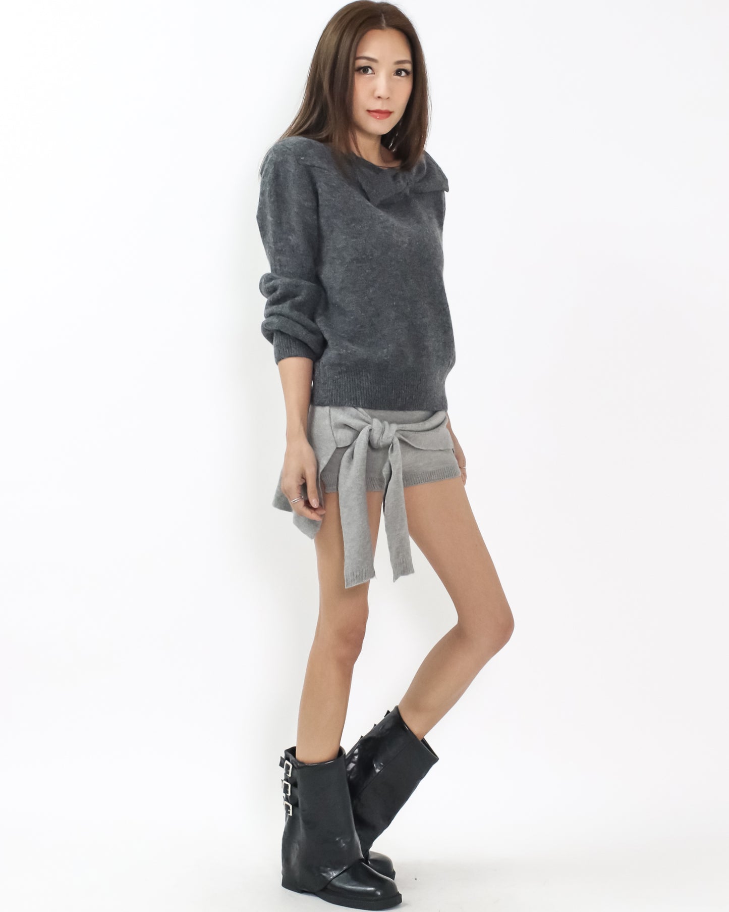 grey bow knitted off shoulder top