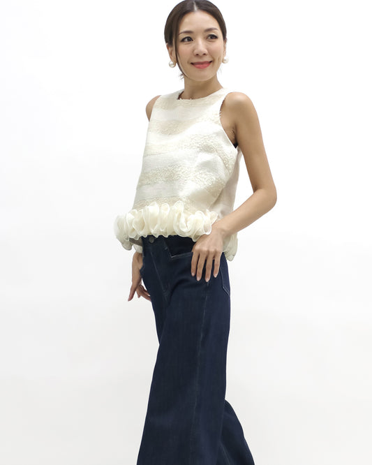 ivory tweed stripes w/ flowers hem vest