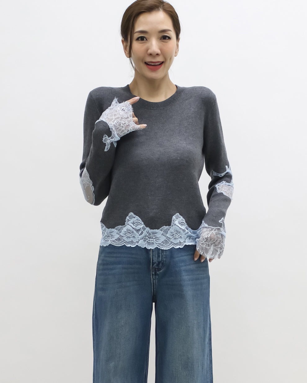 grey w/ blue lace knitted top