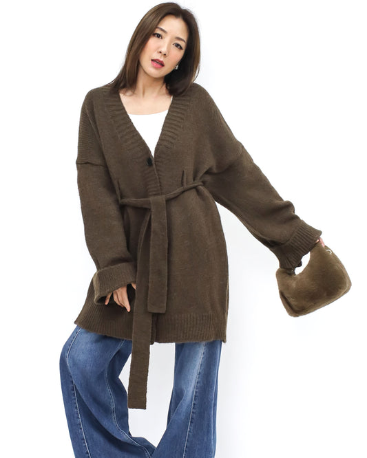 brown knitted cardigan w/ wrap belt