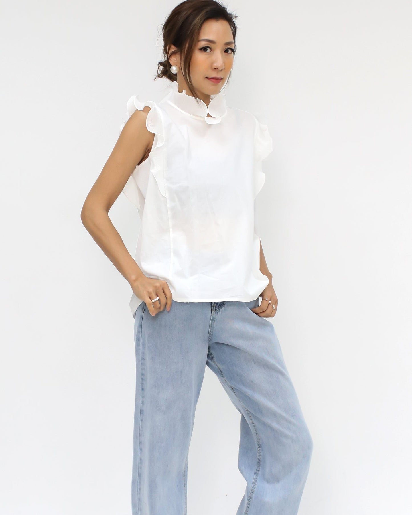 ivory shirt mesh ruffles hem top