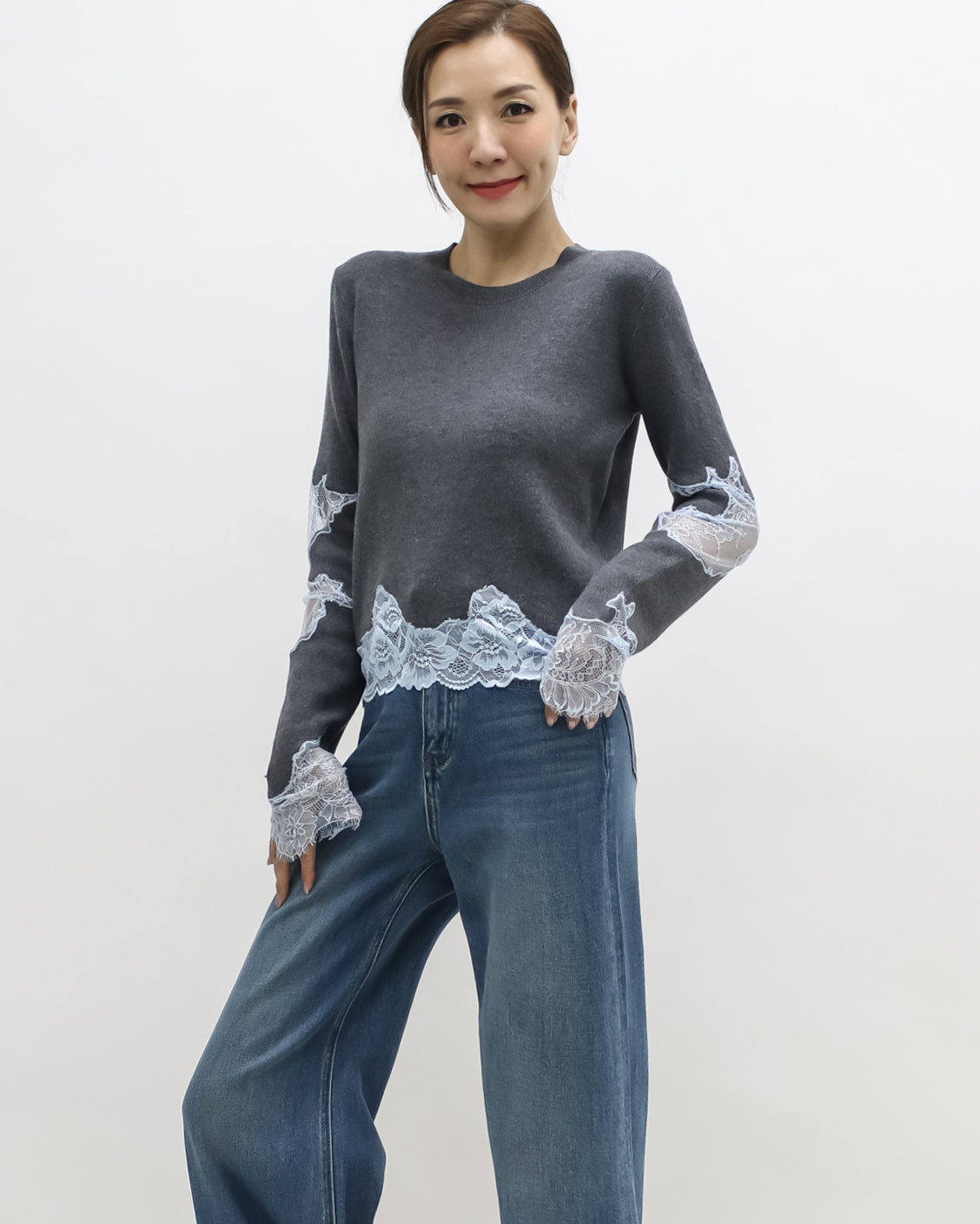 grey w/ blue lace knitted top