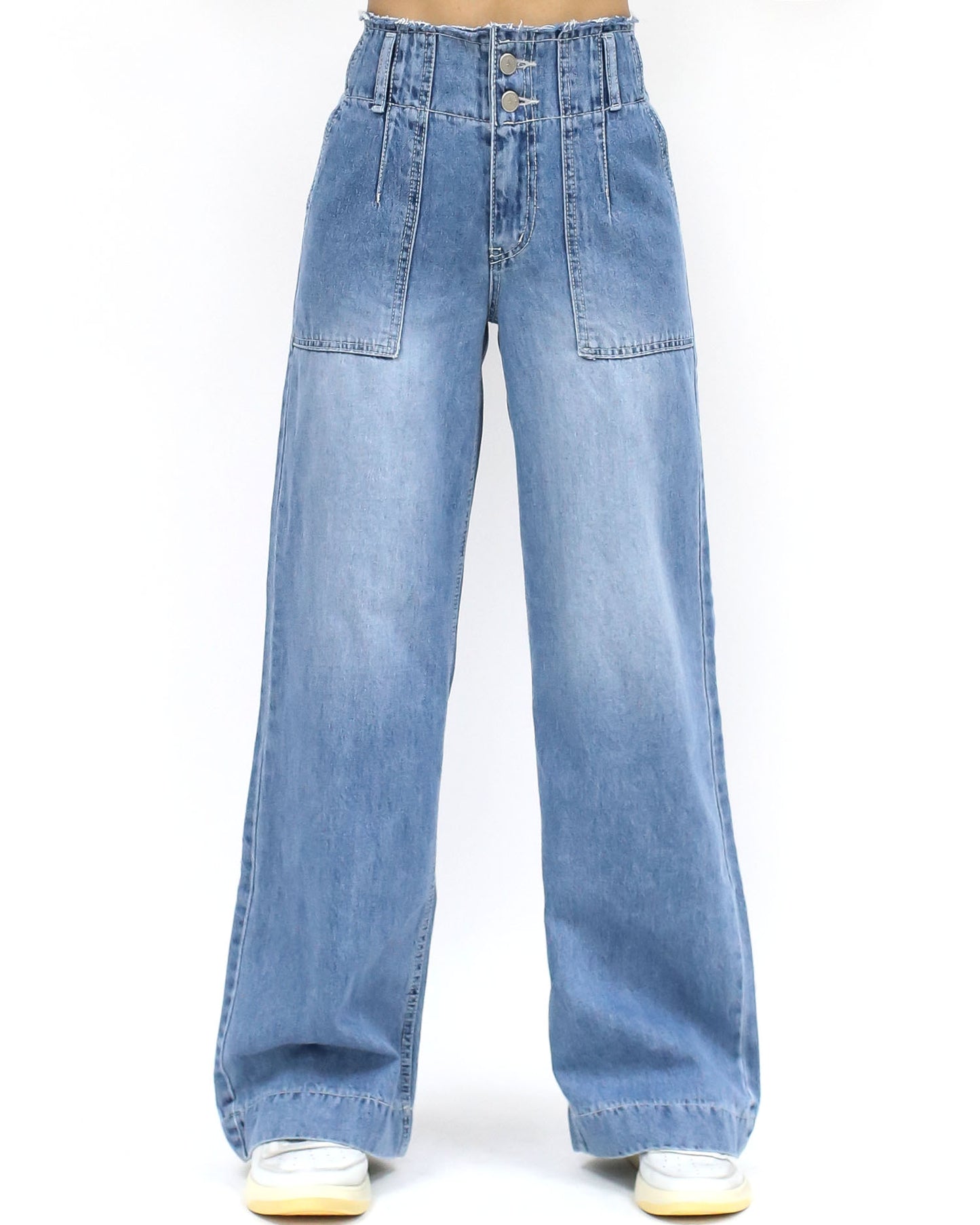 light blue denim pockets straight legs jeans