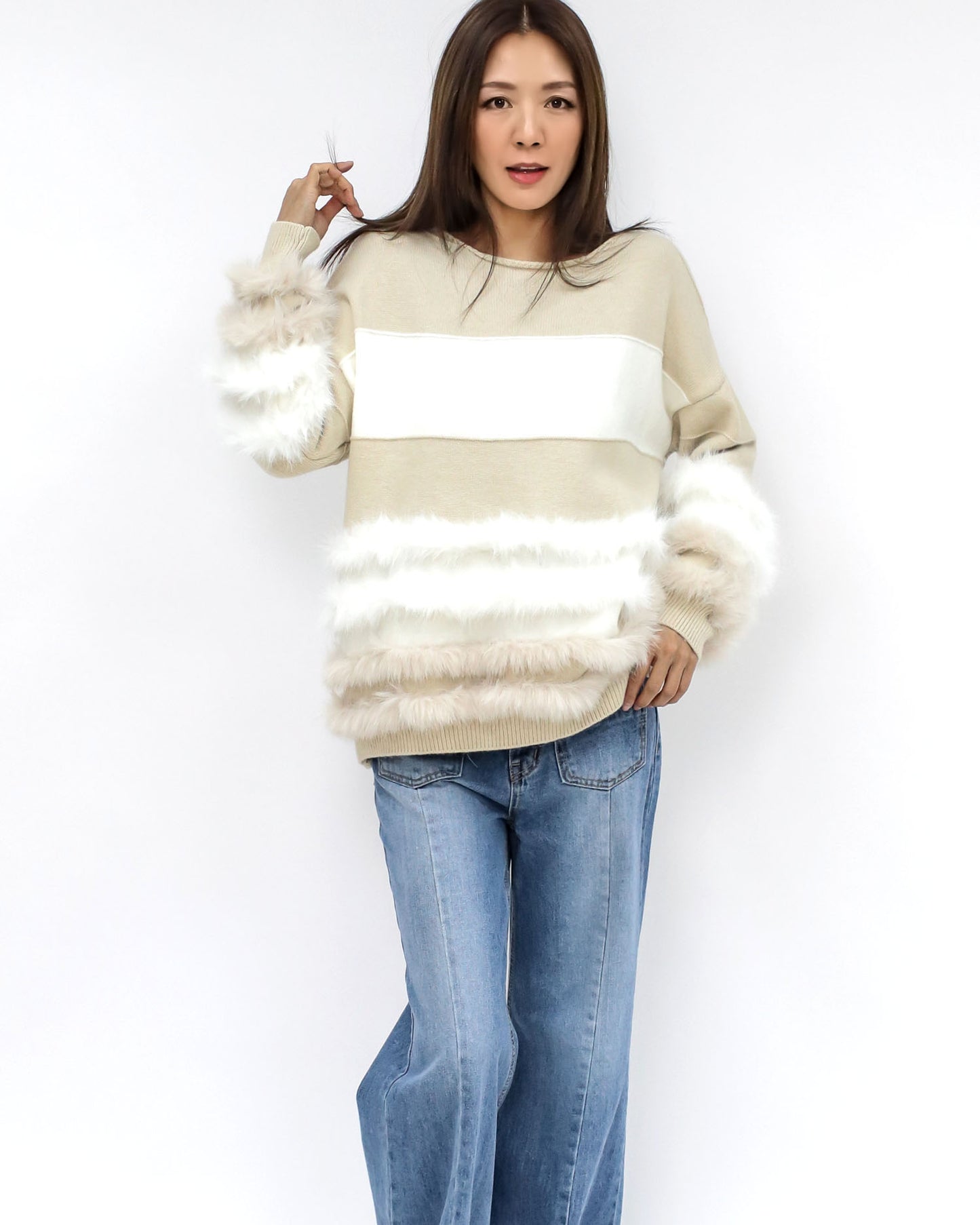 beige & ivory fluffly stripes knitted top *pre-order*