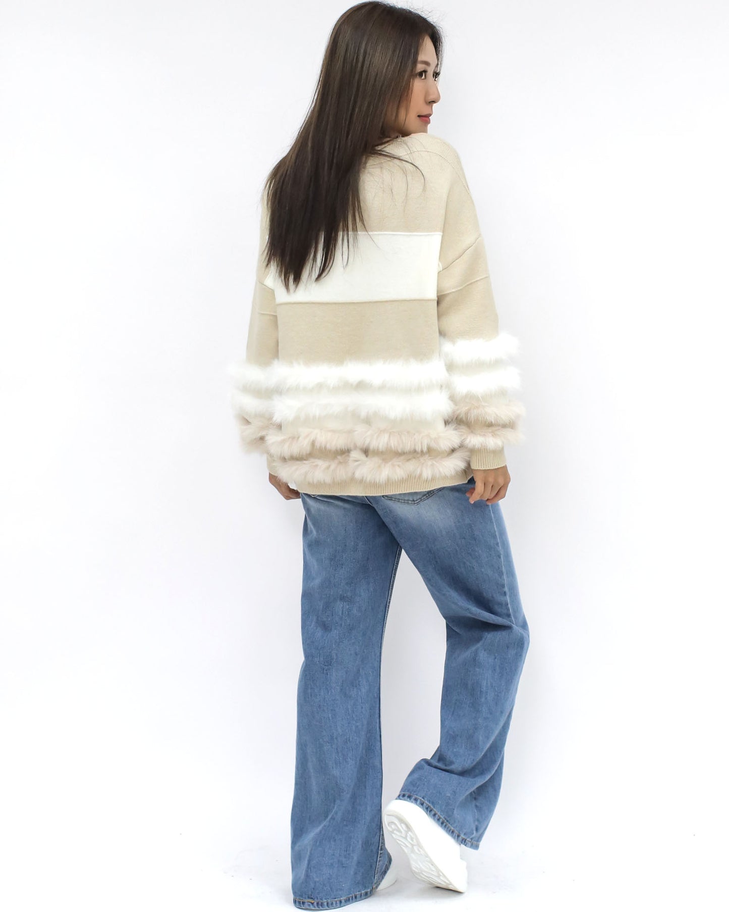 beige & ivory fluffly stripes knitted top *pre-order*