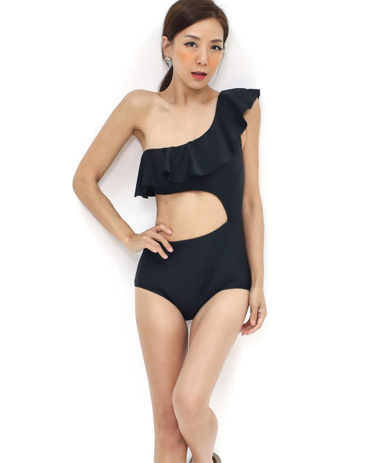 black cutout ruffles one shoulder one-piece swimwear *pre-order*