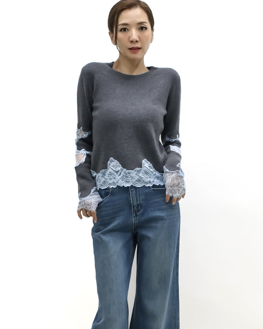grey w/ blue lace knitted top