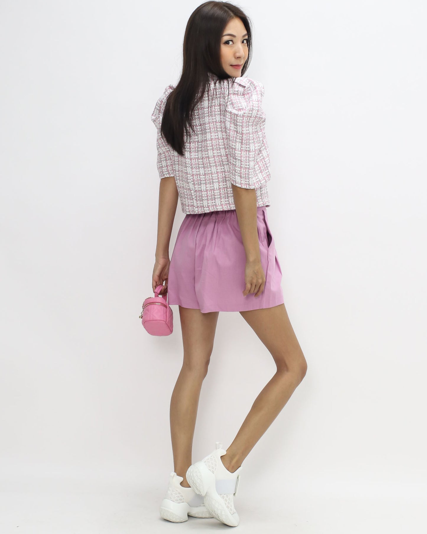 pink & ivory checkers tweed puff sleeves jacket