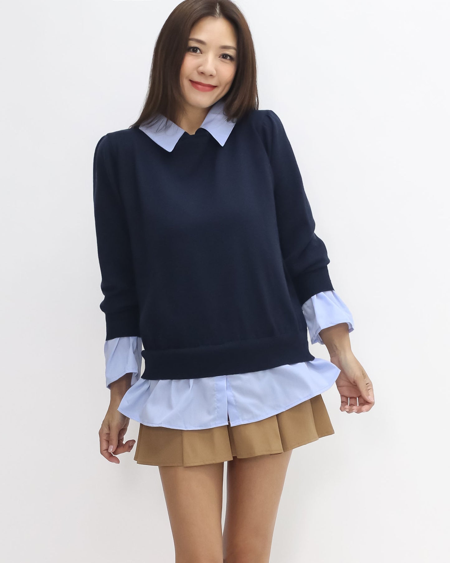 navy knitted w/ blue shirt contrast top