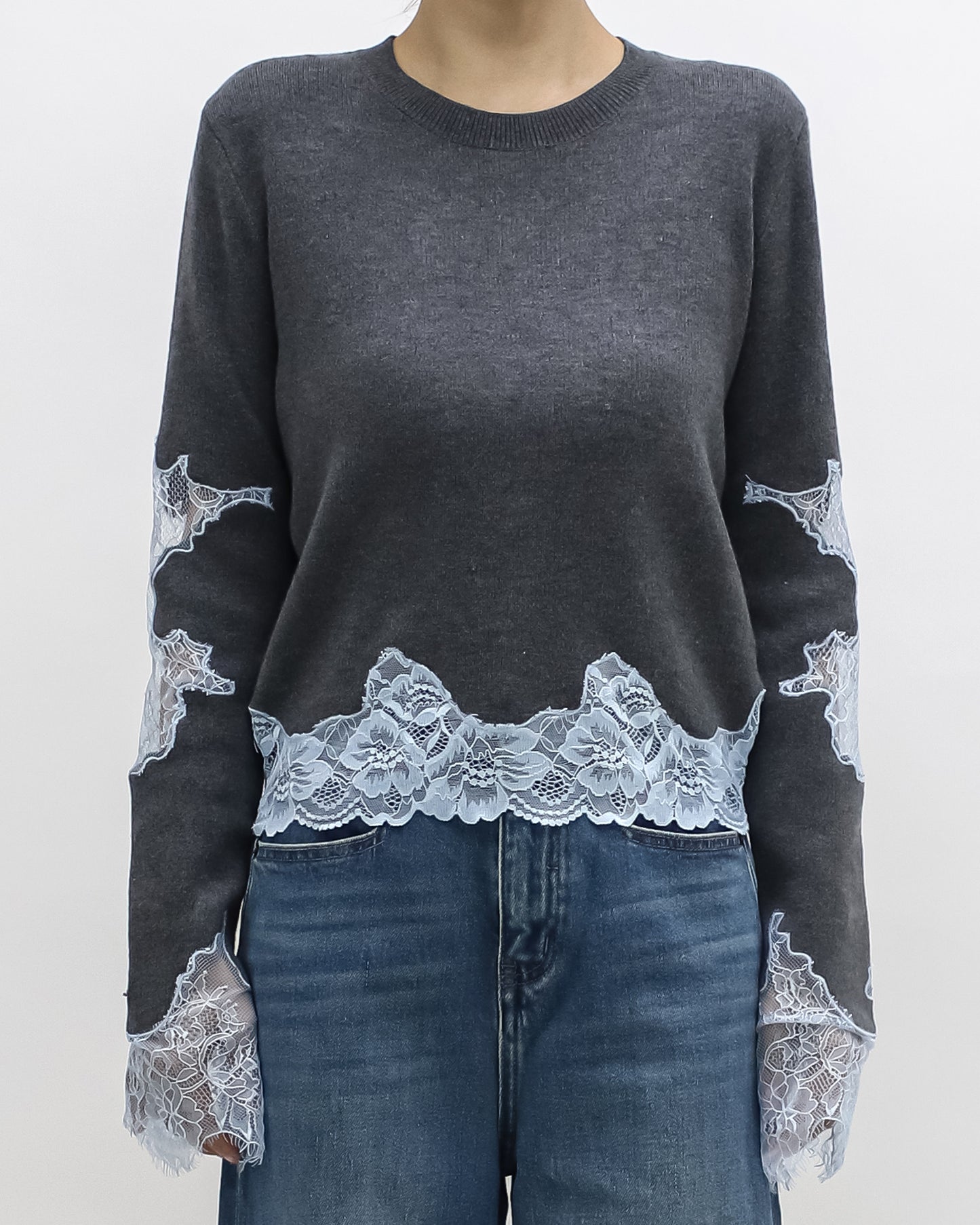 grey w/ blue lace knitted top