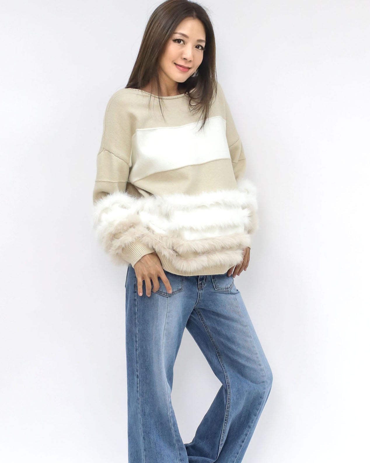 beige & ivory fluffly stripes knitted top *pre-order*