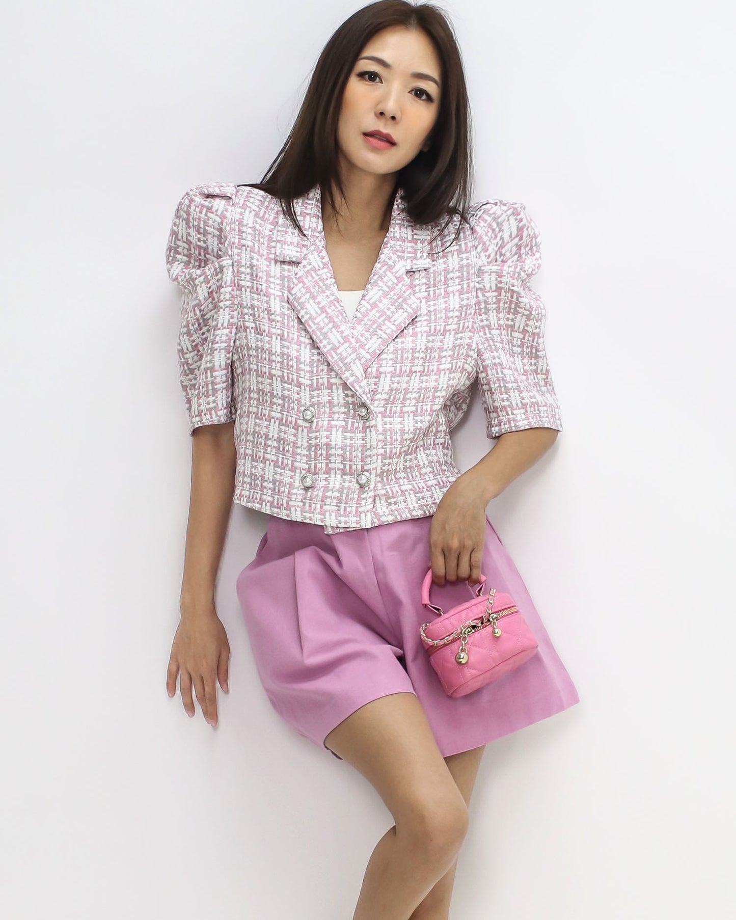 pink & ivory checkers tweed puff sleeves jacket