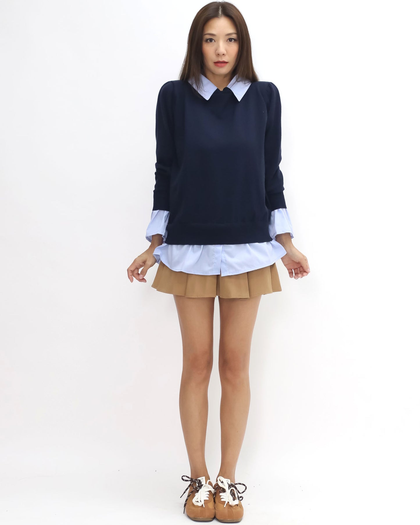 navy knitted w/ blue shirt contrast top