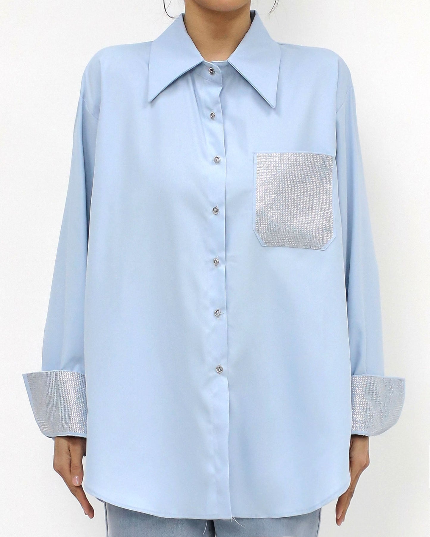 blue shirt w/ diamonds cuffs & pocket