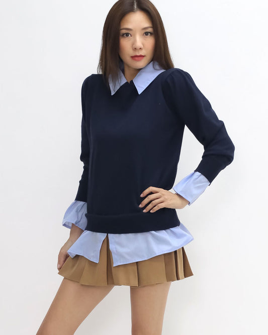 navy knitted w/ blue shirt contrast top