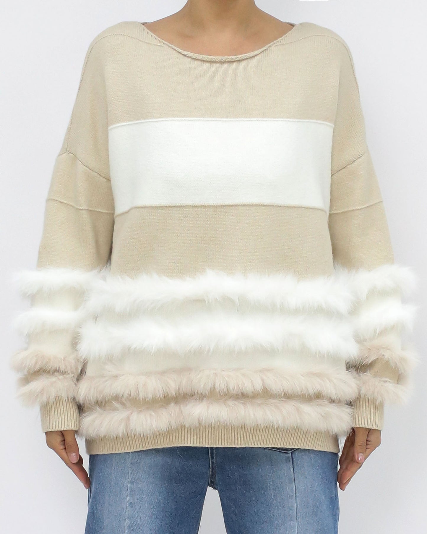 beige & ivory fluffly stripes knitted top *pre-order*