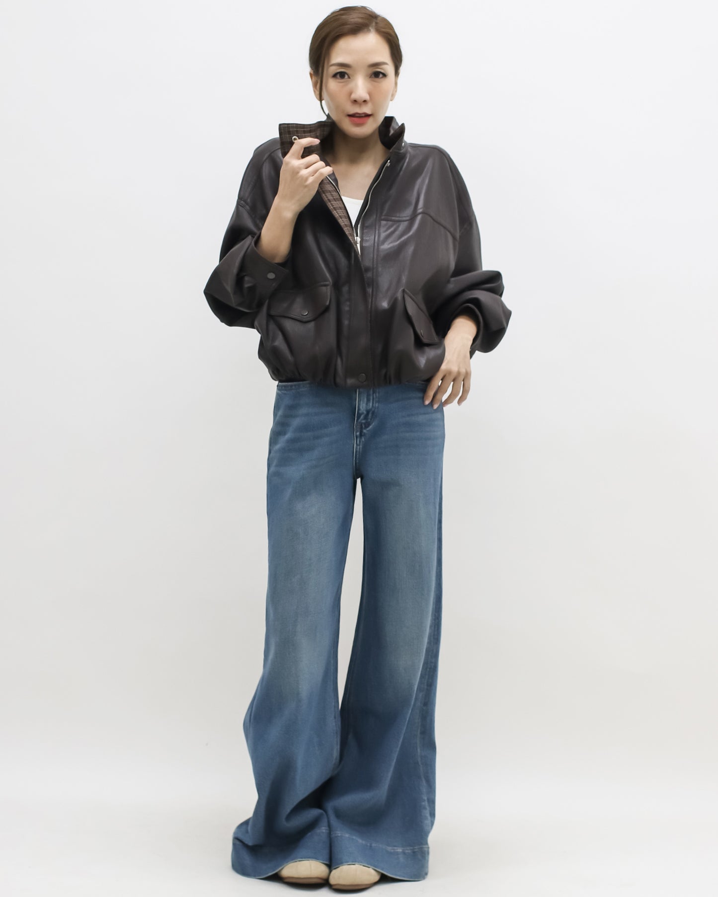 brown PU leather bomber jacket