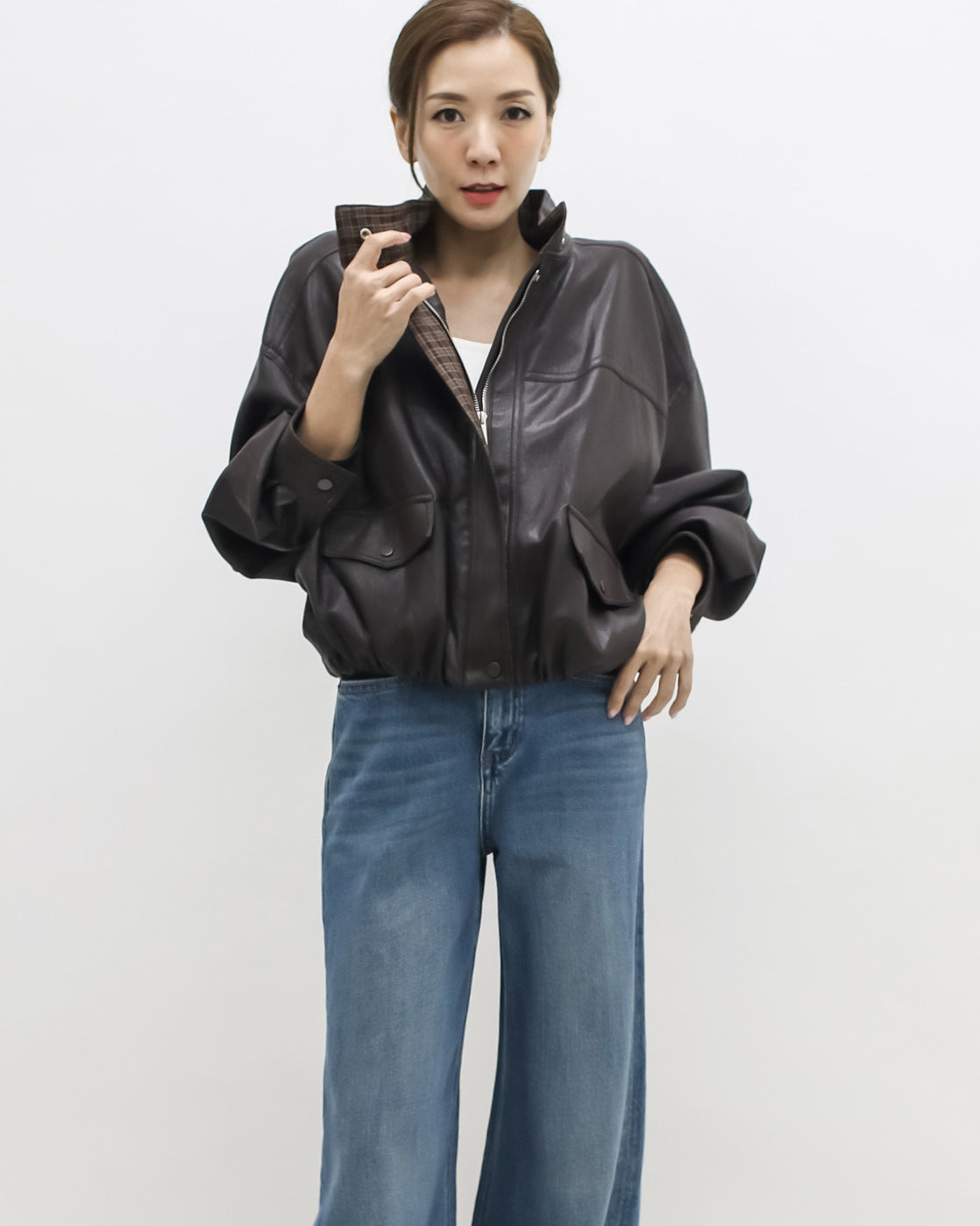 brown PU leather bomber jacket