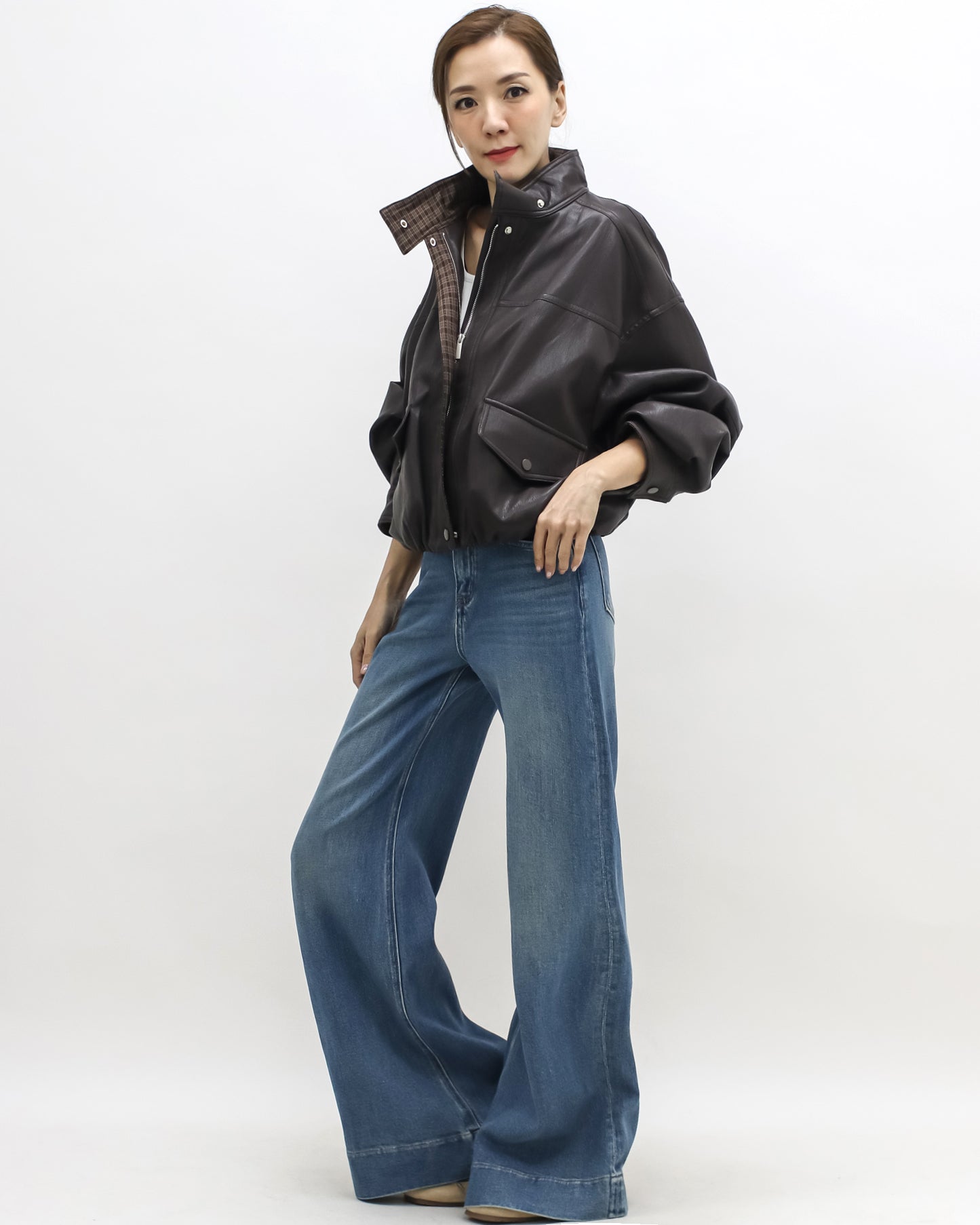 brown PU leather bomber jacket