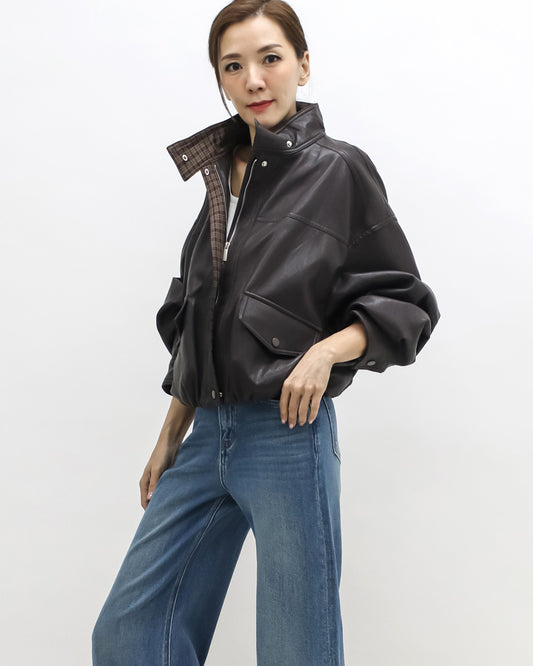 brown PU leather bomber jacket