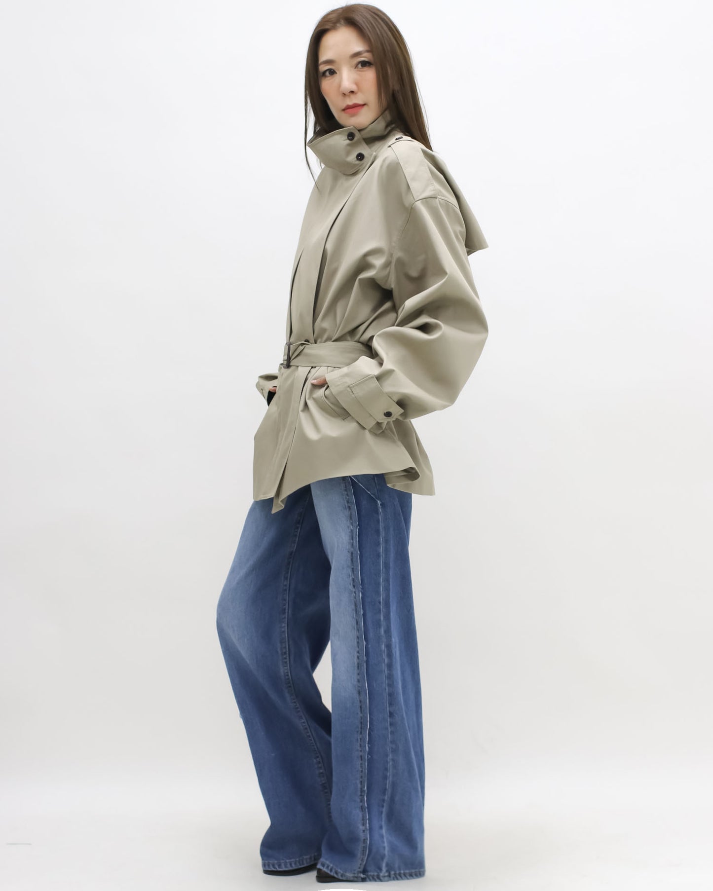 beige longline trench coat w/ belt