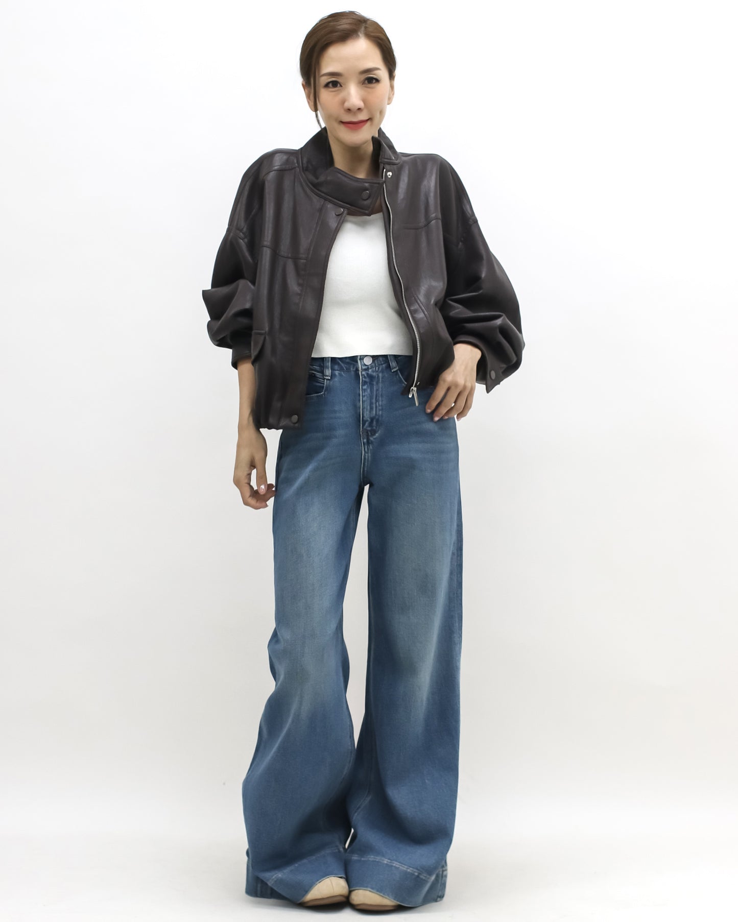 brown PU leather bomber jacket