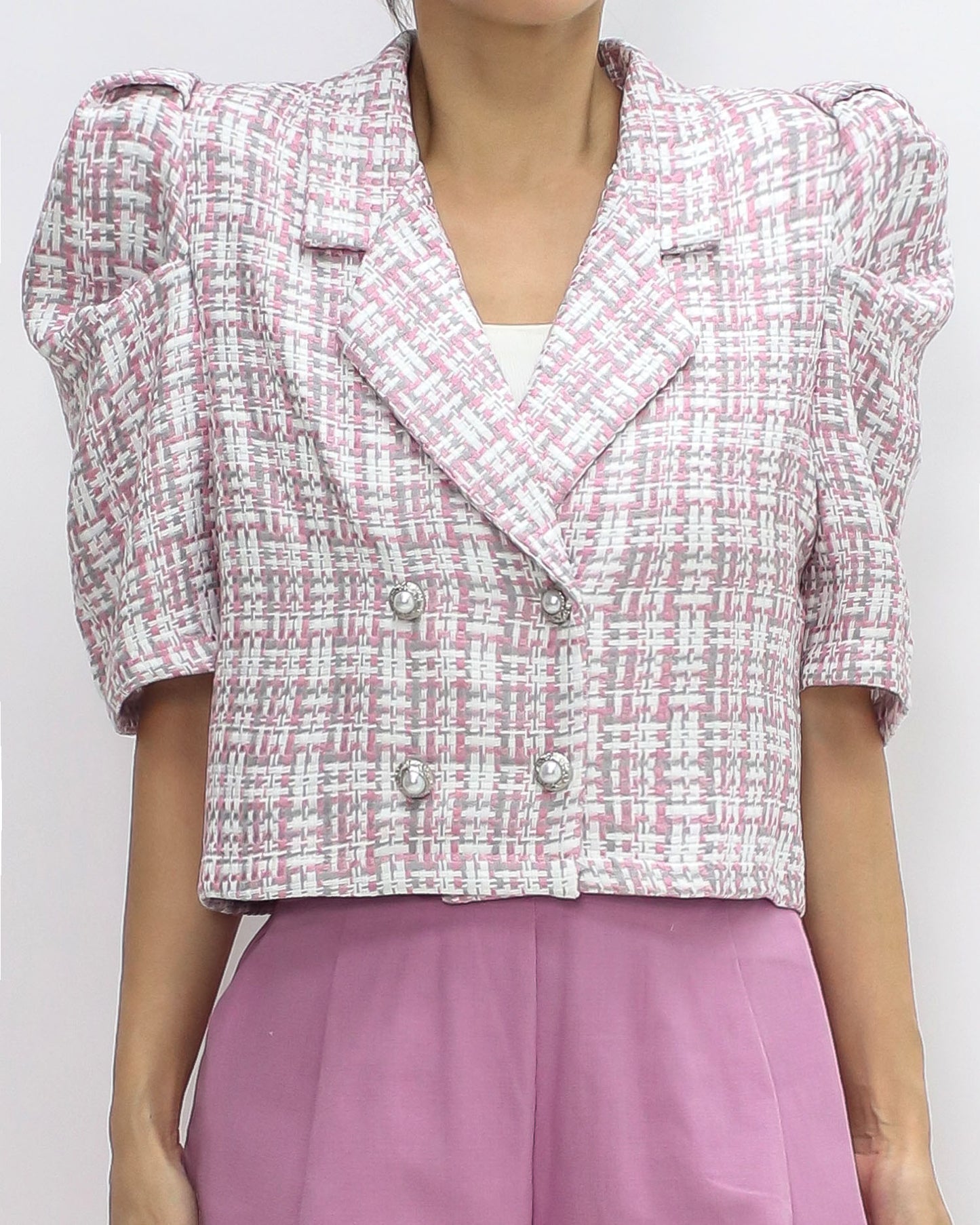 pink & ivory checkers tweed puff sleeves jacket